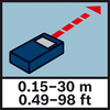 Phạm vi đo khoảng cách 30m/98ft Phạm vi đo từ 0,15 đến 30 m / 0,49 đến 98 ft