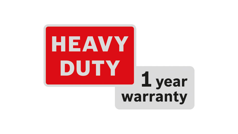 Nhãn màu đỏ có chữ "HEAVY DUTY" và dòng chữ "bảo hành 1 năm" màu xám.