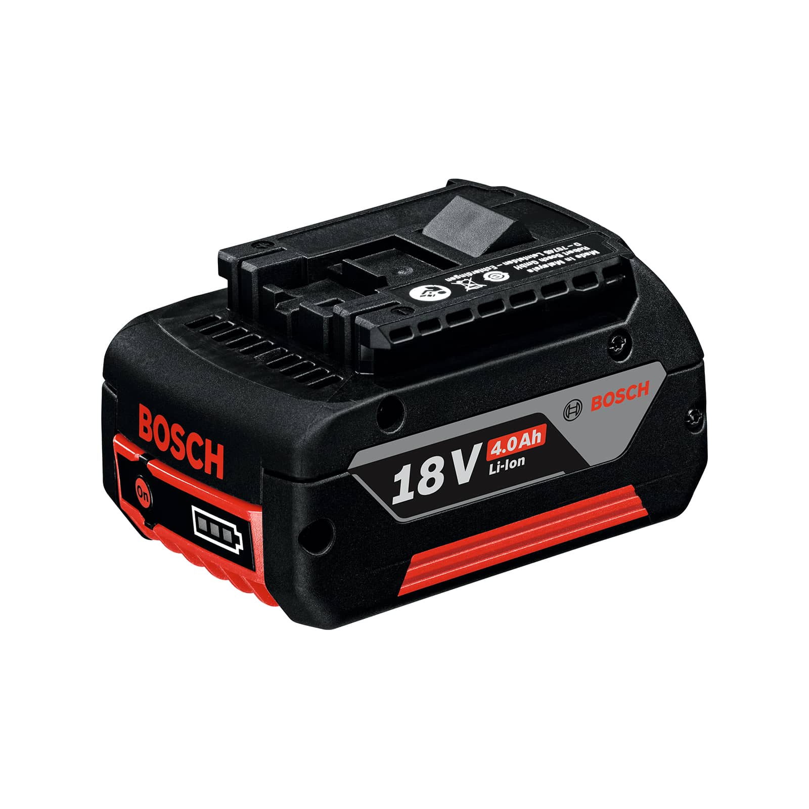 Pin không dây Bosch Professional 18V màu đen có điểm nhấn màu đỏ.