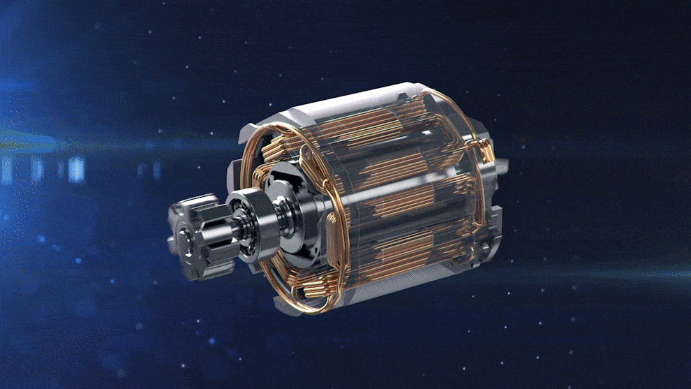 Một động cơ trong suốt với dây đồng trên nền tối.