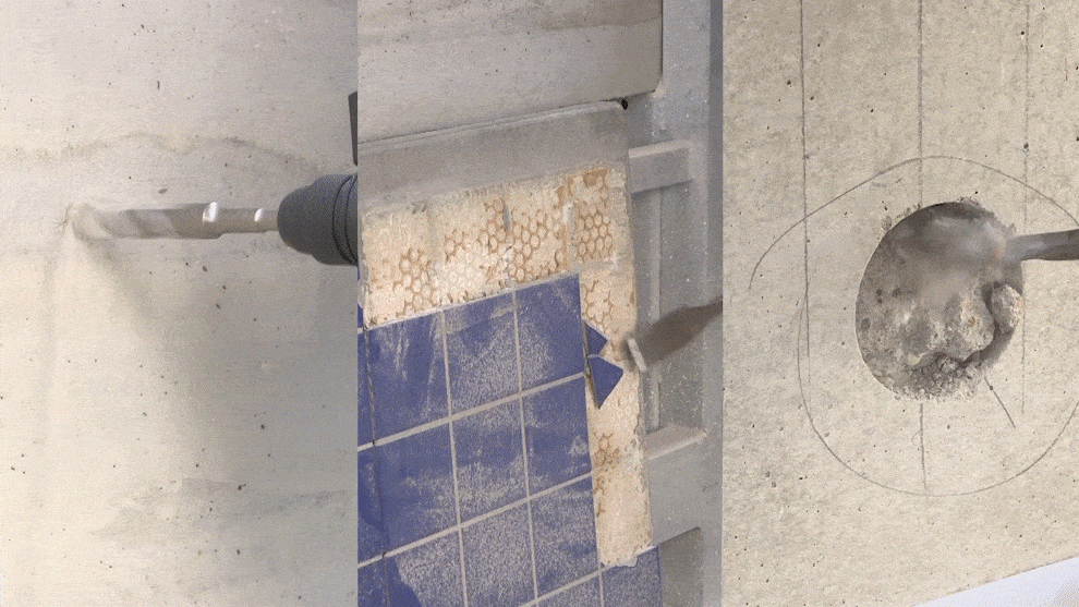 Khoan chuyên nghiệp Bosch xuyên qua bê tông và gạch, bụi bay.