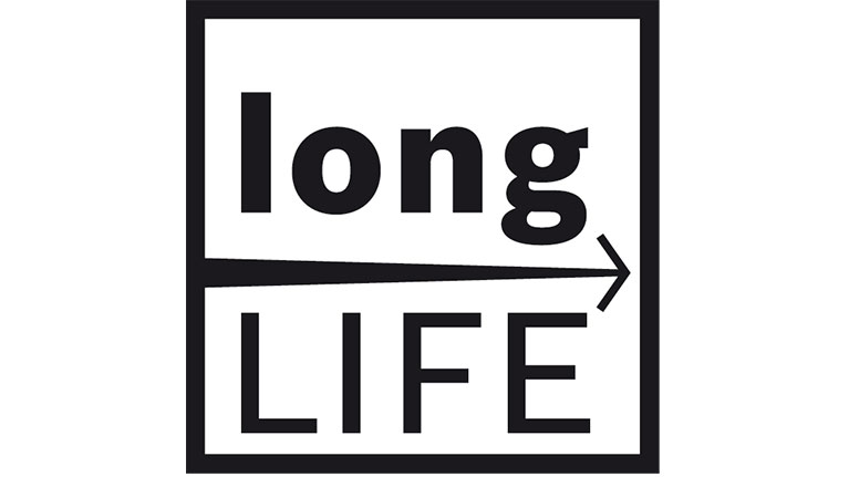 Logo có dòng chữ 'long LIFE' màu đen trên nền trắng, mũi tên chỉ sang phải.