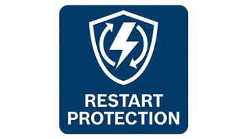 Một biển báo màu xanh có biểu tượng tia chớp và dòng chữ "RESTART PROTECTION".