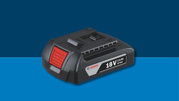 Pin lithium-ion Bosch 18V màu đen trên nền xanh dương, với nút xả màu đỏ.
