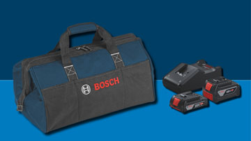 Một túi đựng dụng cụ màu đen có logo "Bosch" màu đỏ, bên cạnh là hai cục pin và một bộ sạc trên nền màu xanh dương.