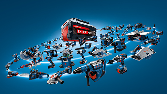 Các công cụ Bosch Professional khác nhau được nhóm lại xung quanh một viên pin đen.