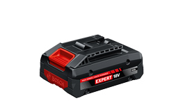 Một viên pin Bosch Expert 18V màu đen với tay cầm màu đỏ trên nền trắng.