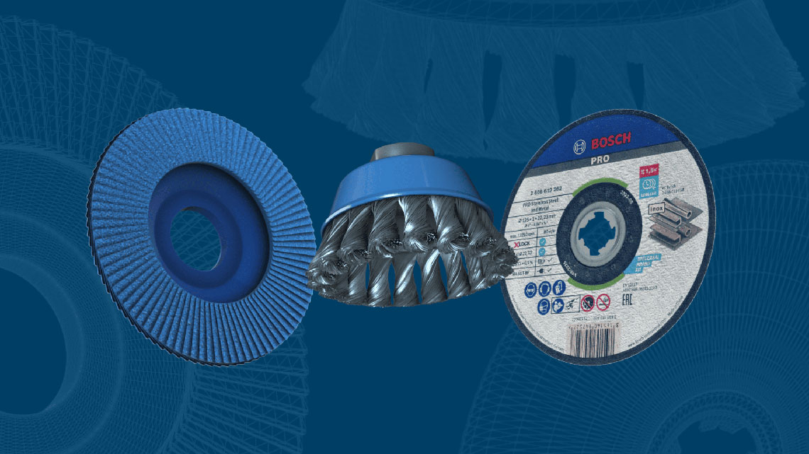 Ba công cụ Bosch Professional màu xanh trên nền màu xanh.