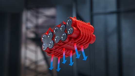Công cụ Bosch Professional màu đỏ với sáu tế bào pin đen đang bay.