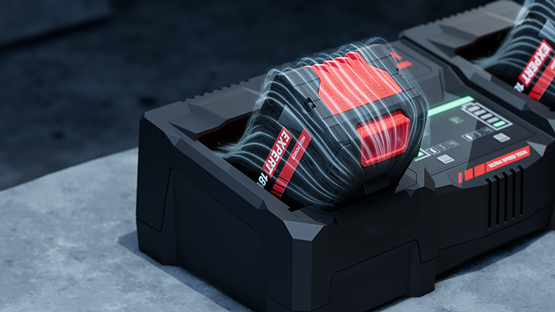 Hai pin Bosch Professional màu đỏ trên một bộ sạc màu đen.