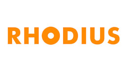 RHODIUS Schleifwerkzeuge GmbH Logo RHODIUS màu cam trên nền trắng.