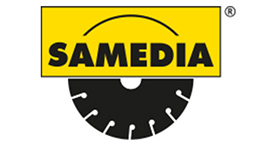 SAMEDIA Logo Samedia: chữ màu vàng trên nền lưỡi cưa màu đen.
