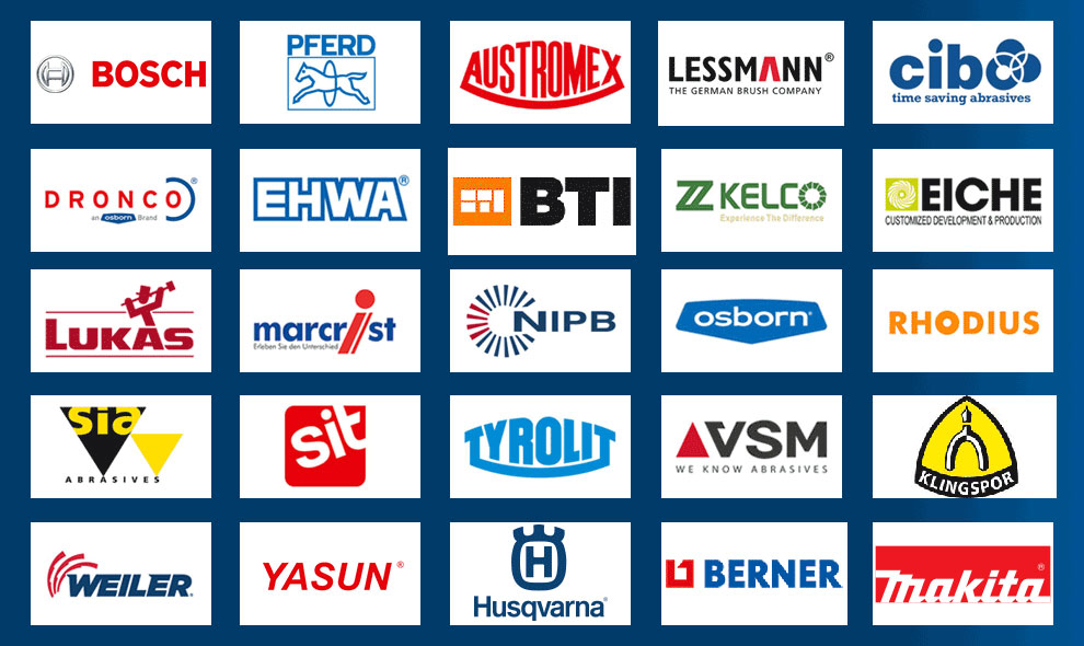 Logo của các thương hiệu công cụ được sắp xếp trên nền xanh.